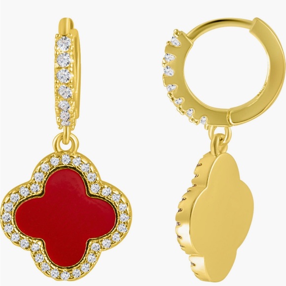 Glamorous Gold and Red Clover Earrings - Picture 3 of 4